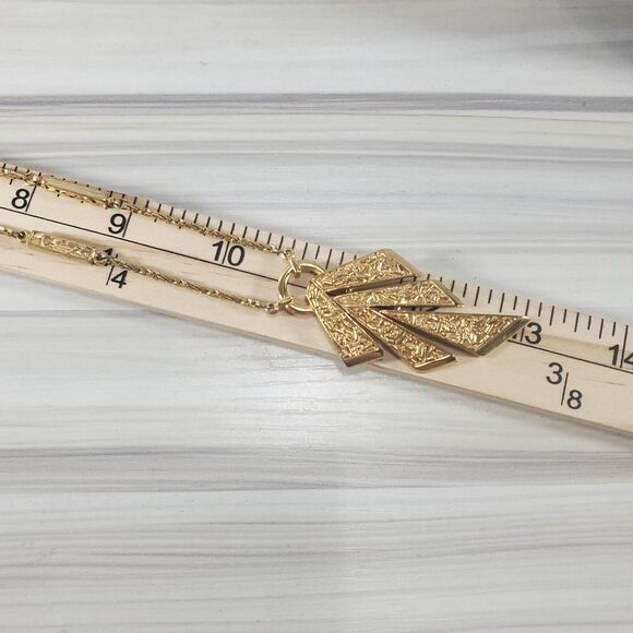 Crown Trifari Gold Tone Necklace Leaf Chevron Deco Feather Brutalist Abstract - Picture 8 of 12